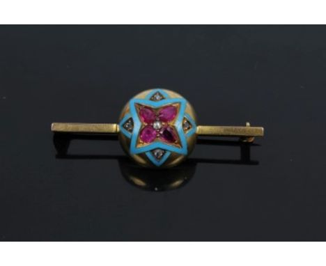 Victorian ruby, diamond and turquoise enamel bar brooch with domed circular panel with enamel and green set star motif, 43mm