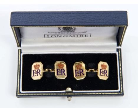 HM Queen Elizabeth II - fine pair gold (9ct) and enamel Royal Presentation cufflinks of octagonal form, with chain links and 