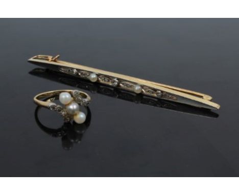Edwardian cultured pearl and diamond crossover ring and an Edwardian diamond and seed pearl bar brooch CONDITION REPORT Brooc