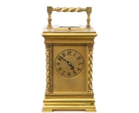 Late 19th century carriage clock with eight day repeating movement and lever escapement, striking on a gong, gilt dial with A