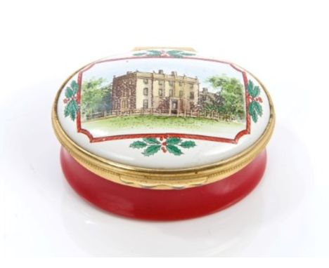 TRH The Prince and Princess of Wales - Royal Presentation Halcyon Days enamel oval box, decorated with picture of Highgrove H