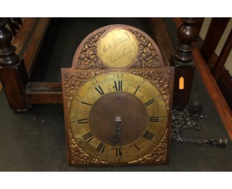 Late 18th / early 19th century thirty hour longcase clock movement with ten inch brass break arch dial, matted centre, scroll