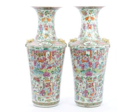 Pair large late 19th century Cantonese vases with ornate figure, floral and insect decoration, gilt lion's head ring handles,