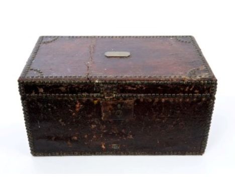 Antique leather covered travelling trunk with plaque to top inscribed Mary Ann Milne, Signal Tower, Arbroath, with a later fi