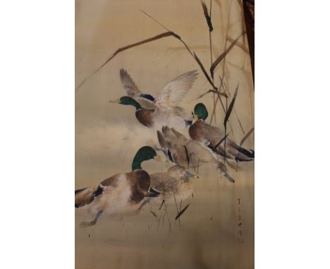 Large unframed Chinese silk screen print depicting Mallard ducks, signed, 122cm x 80cm