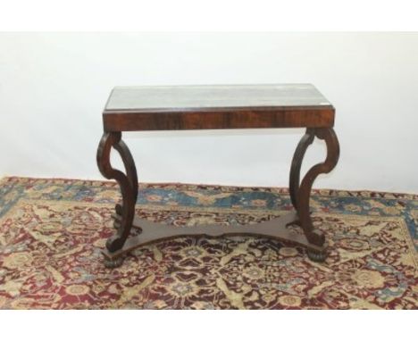 19th century stylish rosewood console table with marble top, on four scroll legs joined by shaped stretcher, 80cm high x 100c