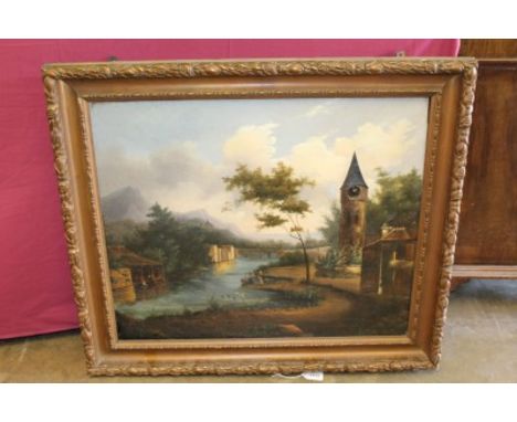 Unusual mid-19th century Continental clock picture in gilt painted frame with painted oil on canvas landscape with figures, b