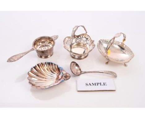 Selection of miscellaneous Edwardian and later silver including four bonbon dishes, tea strainer and stand, pair sugar tongs,