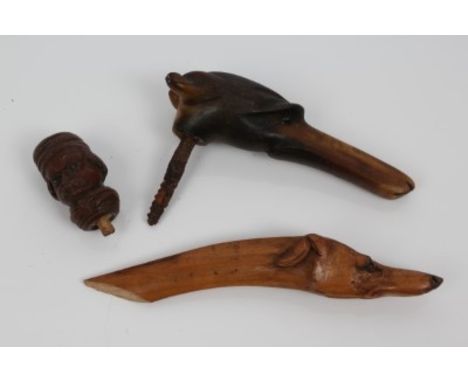 19th century horn dog head walking stick handle, another dog's head handle and human head stick handle (3)