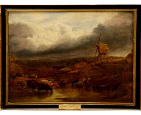 John Linnell (1792 - 1882), oil on board - The Windmill, cattle and herders watering below a windmill in extensive landscape,