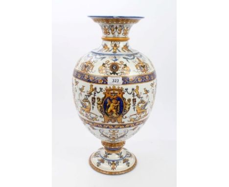 Large late 19th century French Gien pottery vase, with flared ring neck and large ovoid body, on pedestal foot, painted in Re