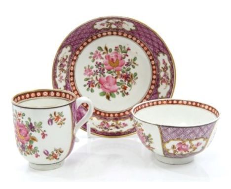 18th century Lowestoft porcelain trio comprising coffee cup, tea bowl and saucer, with Curtis-style painted polychrome enamel