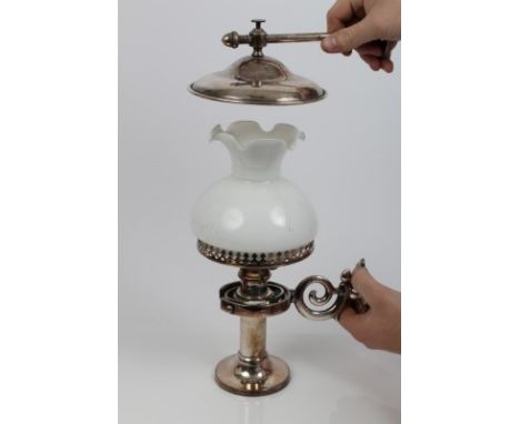 Her Majesty's Royal Yacht Victoria & Albert, Victorian silver plated gimbaled candle lamp with glass shade and matching plate
