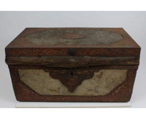 Early 19th century Toleware and ponyskin trunk, in distressed condition, the mounted Toleware showing some of the original re