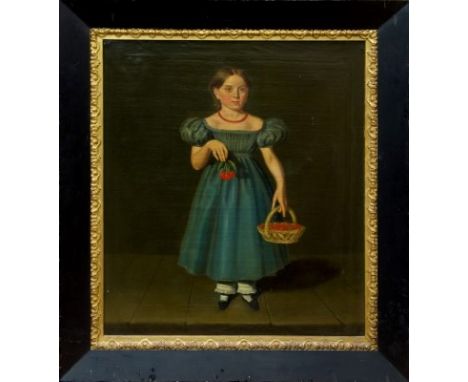 Victorian English School oil on canvas - portrait of a young girl wearing a coral necklace and holding a basket of cherries, 