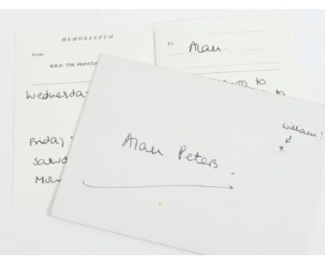Diana Princess of Wales - handwritten note to her bodyguard Sergeant Allan Peters, discussing her movements over several days