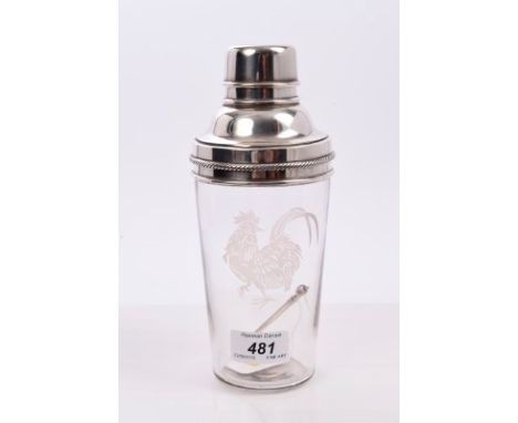 1920s / 1930s glass cocktail shaker of tapering form, with etched image of a cockerel, white metal mount, detachable cover wi