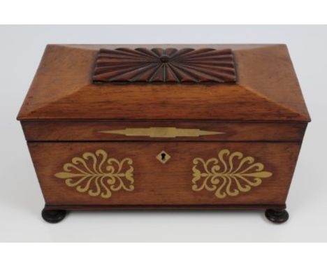 George IV rosewood and brass inlaid tea caddy of rectangular form with fanned section to cover, front and reverse with brass 