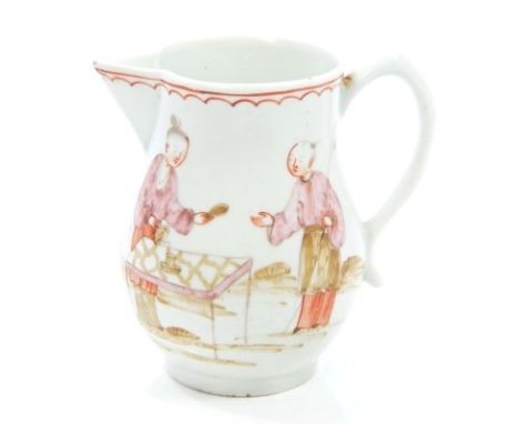 18th century Lowestoft porcelain sparrow beak jug with peaked scroll handle, painted in polychrome enamels with Chinese scene
