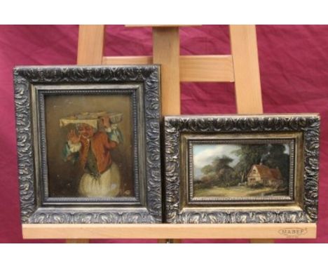 Antique oil on panel - portrait of a baker, in gilt frame, 18cm x 15cm, together with another oil on panel - rural cottage, i