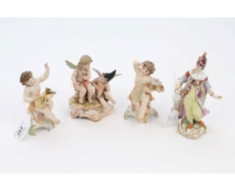 Group of late 19th century German porcelain mantel ornaments comprising pair Seasons figures on rococo bases, two fairies hol