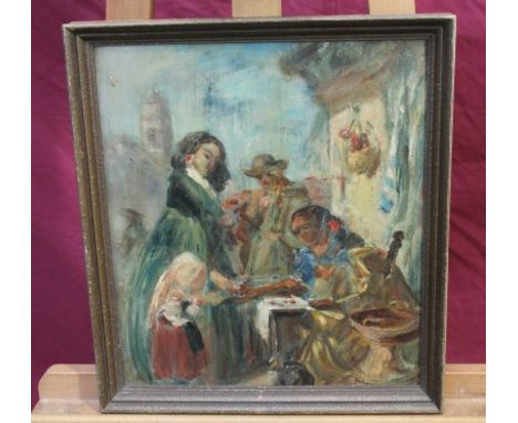 John Phillip (1817 - 1867), oil sketch - a Spanish Market scene, bearing label verso, in gilt frame, 35cm x 30cm