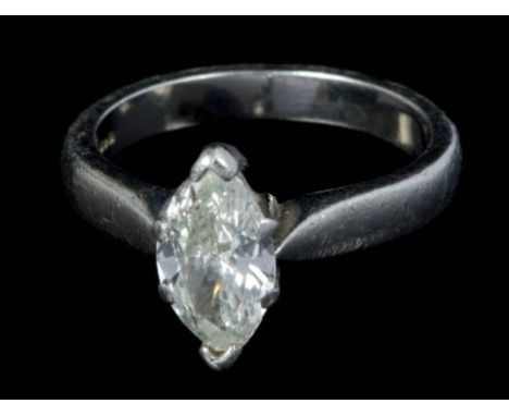 Diamond single stone ring with a marquise cut diamond estimated to weigh approximately 0.85 carats, in claw setting on platin