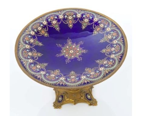 Late 19th century French enamelled and gilt metal tazza, the top with jewelled enamel festoons, drops, flower heads and gold 