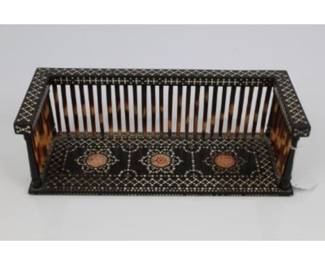 19th century Anglo Indian ebony and quill book trough inlaid all over with geometric pattern design in ivory, the base with f