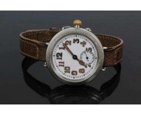 First World War officers'-type wristwatch in circular silver case, white enamel dial with luminous arabic numerals and subsid