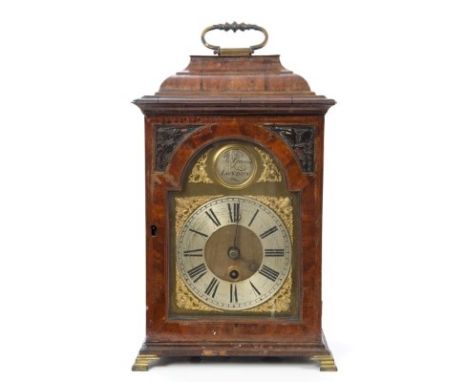 Georgian bracket clock with eight day fusee timepiece movement, break arch dial with silvered chapter ring, matted centre and