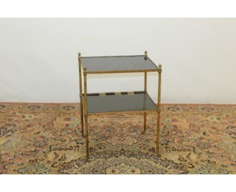 Regency-style gilt metal two tier occasional table with pineapple finials on brass castors, 49cm x 39cm x 66cm CONDITION REPO