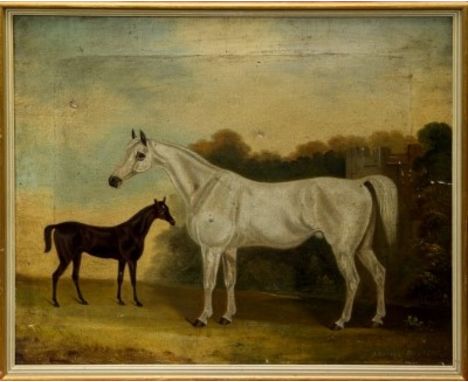 John R. Hobart (1788-1863), early Victorian oil on canvas - Grey Mare and Foal in landscape with a folly beyond, signed and d