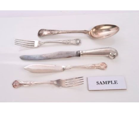 Selection of Victorian and Edwardian silver Kings pattern with union shell heel flatware, including three serving spoons (Lon