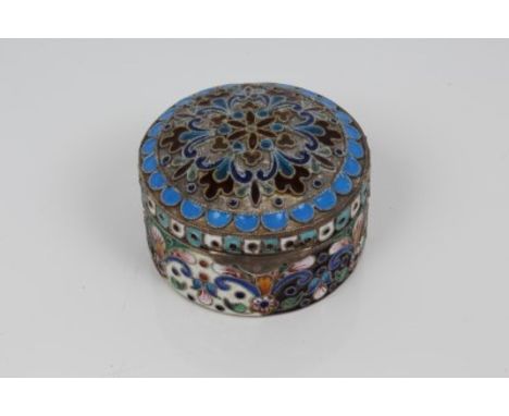 Russian silver and cloisonné enamel circular box with floral decoration - 84 Standard hallmark, 4.5cm