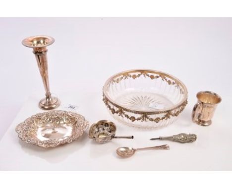 Mixed selection of miscellaneous silver including an Egyptian dish, Continental cut glass bowl with silver mounts, Georgian t