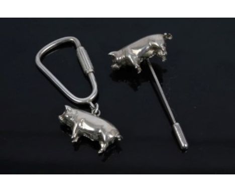 Contemporary cast silver 'pig' stick pin and matching key ring by Sarah Jones, 14 Basinghall St. London