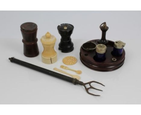 20th century ivory pepper grinder together with a castellated string box, cruet stand etc. Grinder 10cm high