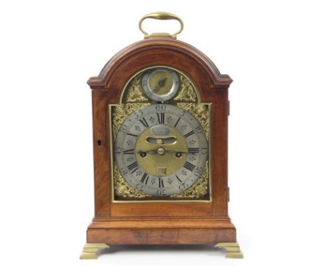 George III bracket clock with eight day twin fusee five pillar movement striking on a bell, with floral engraved back plate b