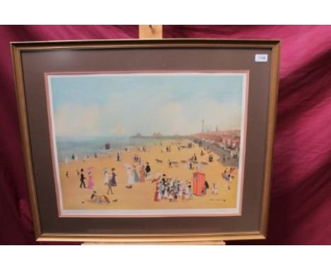 Helen Bradley (1900 - 1979), signed coloured print - beach scene, with blind stamp, in glazed gilt frame, 48cm x 62cm