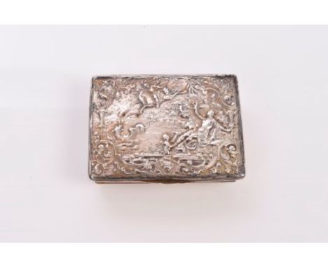 Continental silver table snuff box of rectangular form, with hinged cover with embossed classical scene and gilded interior (