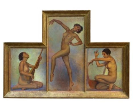 Georges Brasseur (1880 - 1950), Art Deco framed triptych of oils - the central dancing nude flanked by a kneeling nude harpis