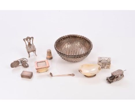 Collection of silver and white metal miniature items and others, including chairs, trunk, stamp box, etc (various dates and m