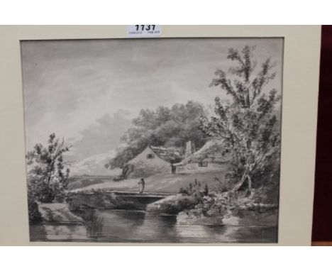 John Laporte (1761 - 1839), monochrome watercolour - figure beside a river, 23.5cm x 29cm, Sir George Hayter (1792 - 1871), p