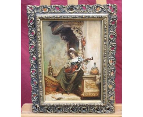 Ellen Clement, late Victorian oil on canvas - pretty young lady playing a lute in an Eastern interior, in gilt frame, 35cm x 