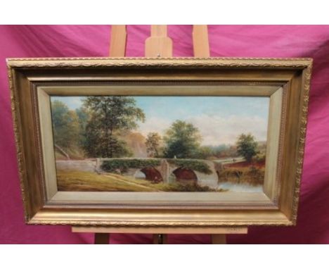*Henry Harris (1852 - 1926), pair oils on canvas - wooded river landscape with children playing with a model boat by a bridge