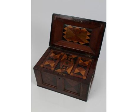 19th century parquetry inlaid tea caddy, with panelled sides, the hinged top opening to reveal interior fitted with three sec
