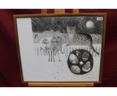 *Mary Fedden (1915 - 2012), pencil sketch - Cat and Eggs, signed and dated '06, in glazed frame, 47cm x 57cm.  See Christophe
