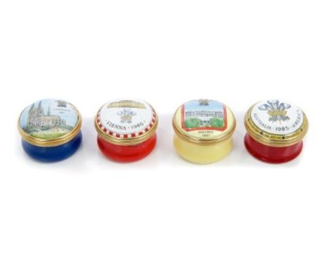TRH The Prince and Princess of Wales - four Halcyon Days enamel Royal Tour commemorative circular boxes - Australia, America 