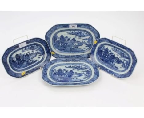 Two pairs late 18th century Chinese export blue and white octagonal meat plates with Chinese landscape decoration and Fitzhug